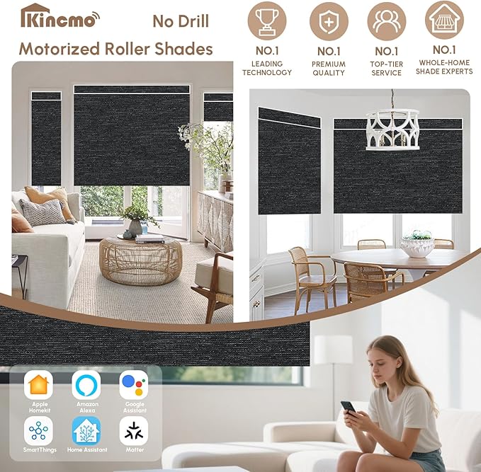 Kincmo No Drill Motorized Blinds with Remote, 100% Blackout Roller Shades for Windows, Custom Electric Blinds Compatible with Alexa, Apple Homekit, Google Home (100% Blackout Starscape Black)