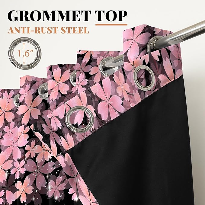 Renaiss Pink Cherry Patels Blackout Curtains, Japanese Cherry Flowers Thermal Insulated Bedroom Window Curtains, Black Floral Bossom Window Drapes for Living Room, 84" L x 53" W 2 Panel Set