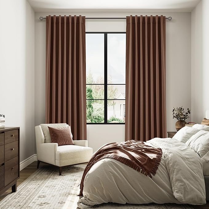 Guken 100% Blackout Curtains 84 Inch Length 2 Panels Set for Living Room Bedroom Back Tab Thermal Insulated Black Out Linen Drapes Room Darkening Window Curtains 84 Inches Long,Rustic Brown