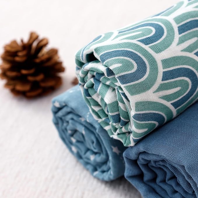 Happy Flute 3 Set Muslin Swaddle Blankets,Essential Baby&Newborn Swaddling,Perfect for Boys&Girls,Receiving Blankets,Nursing,Stroller Cover,Large 47.2x43.3 inches Swaddle Wrap Burping Clothes. (Blue)