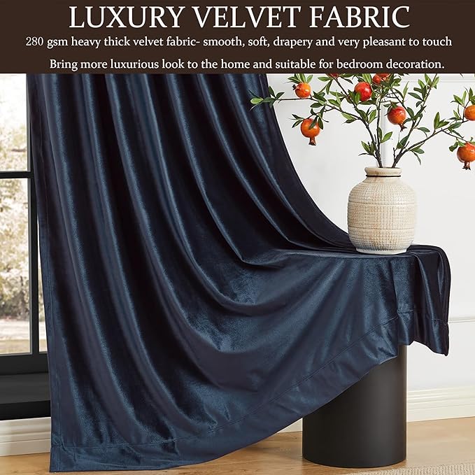 100% Full Blackout Navy Blue Velvet Curtains 102 inch Long for Living Room,Set of 2 Panels Liner Rod Pocket Back Tab Thermal Window Curtains Room Darkening Heavy Decorative Drapes for Bedroom
