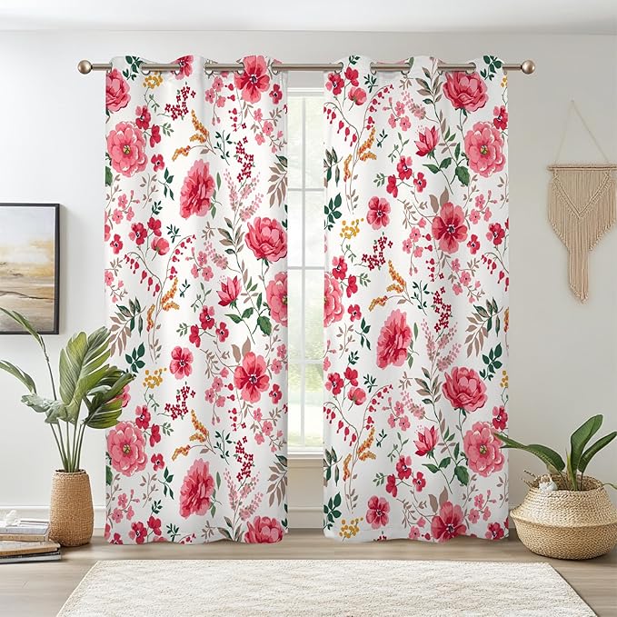 Renaiss Pink Rose Floral Curtains Red Peony Flowers Blackout Window Curtains for Bedroom Thermal Insulated Living Room Window Drapes 53W x 96L Inches 2 Panel Set, Grommet Top