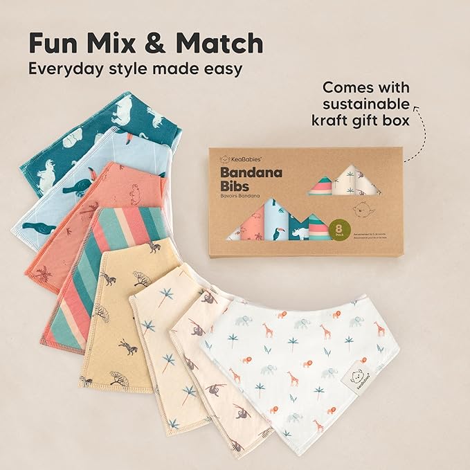 KeaBabies 8-Pack Organic Baby Bandana Bibs for Boys, Girls - Super Absorbent Triangle Baby Bibs for Drooling and Teething Infant, 100% Cotton Extra Soft for Newborn, Infant 0-36 Months (Mesozoic)