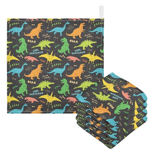 vvfelixl Baby Washcloths Cotton Colored Dino Dinosaurs Baby Muslin Washcloths Soft Baby Face Towel for Newborn Infants, 11.8 X 11.8 Inch, 5 Pack Black