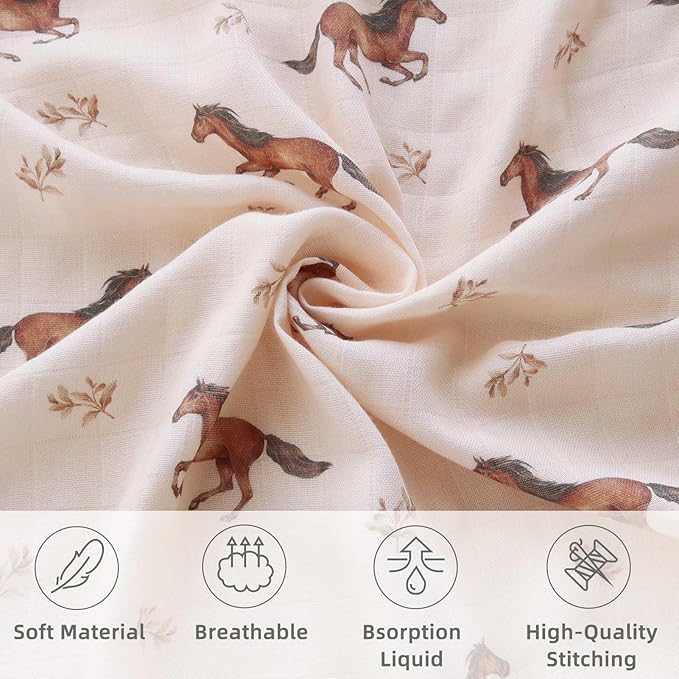 LifeTree Baby Swaddle Blankets, Boys Girls Muslin Swaddling Wrap Receiving Blanket for Newborn, 70% Viscose from Bamboo and 30% Cotton, Large 47" x 47", Horse and Blue Checkered Pattern