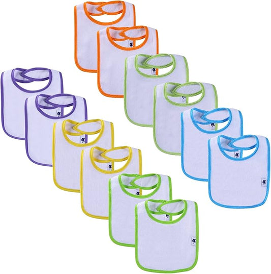 Nvatorfox 12 Pack Terry Drool Cotton Bibs, Unisex Baby Bibs with Fiber Filling Waterproof for Feeding, Teething, Drooling