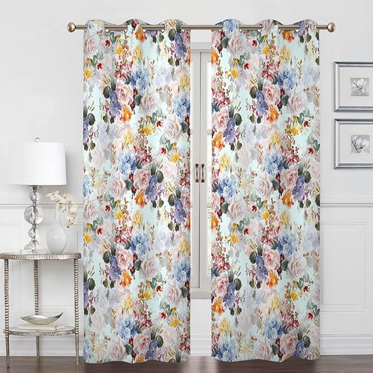Renaiss Flower Blossom Curtains Watercolor Floral Painting Thermal Insulated Window Curtains for Living Room Bedroom Blackout Window Drapes Grommet Top 53W x 84L Inch 2 Panel Set