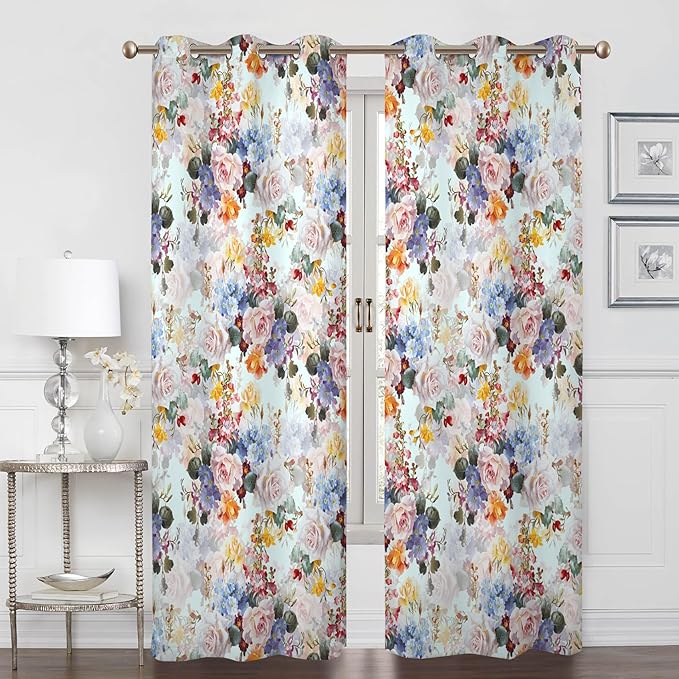 Renaiss Flower Blossom Curtains Watercolor Floral Painting Thermal Insulated Window Curtains for Living Room Bedroom Blackout Window Drapes Grommet Top 42W x 63L Inch 2 Panel Set