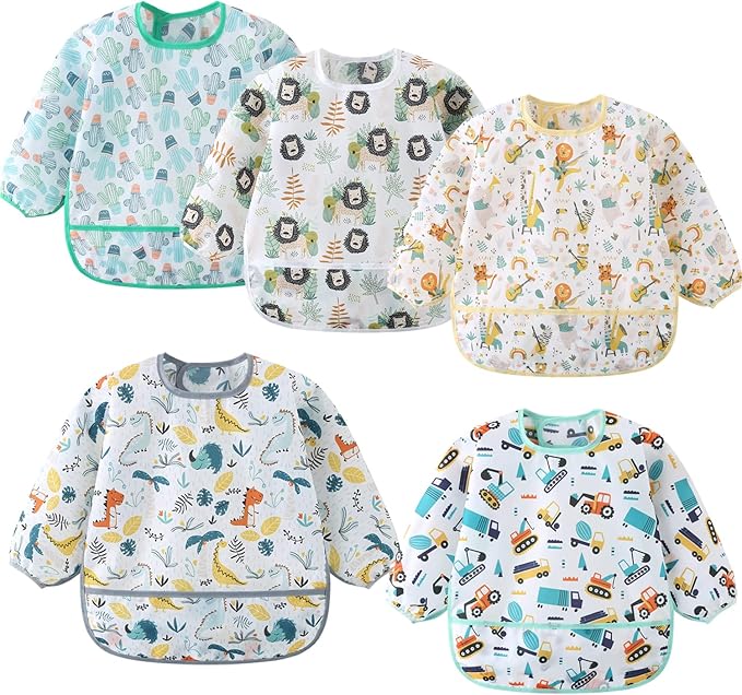 ElecMotive 5 Pack Long Sleeve Bib,Baby Toddler Waterproof Sleeved Bib for 6-30 Months Reusable with Catch-all Pocket