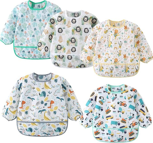ElecMotive 5 Pack Long Sleeve Bib,Baby Toddler Waterproof Sleeved Bib for 6-30 Months Reusable with Catch-all Pocket