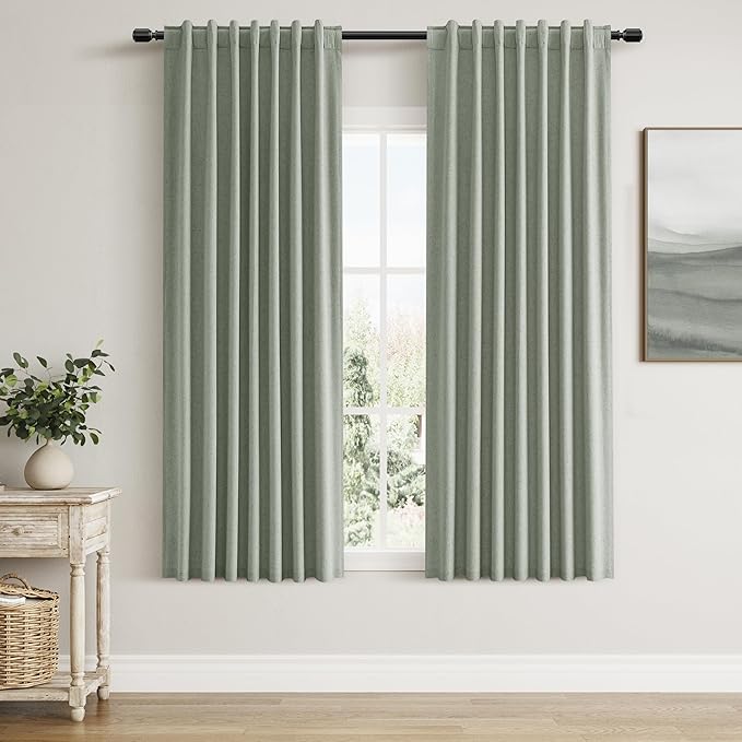 Guken 100% Blackout Curtains 63 Inch Length 2 Panels Set for Living Room Bedroom Back Tab Thermal Insulated Black Out Linen Drapes Room Darkening Window Curtains Desert Sage 52x63