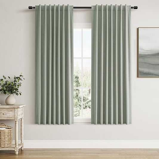 Guken 100% Blackout Curtains 63 Inch Length 2 Panels Set for Living Room Bedroom Back Tab Thermal Insulated Black Out Linen Drapes Room Darkening Window Curtains Desert Sage 52x63