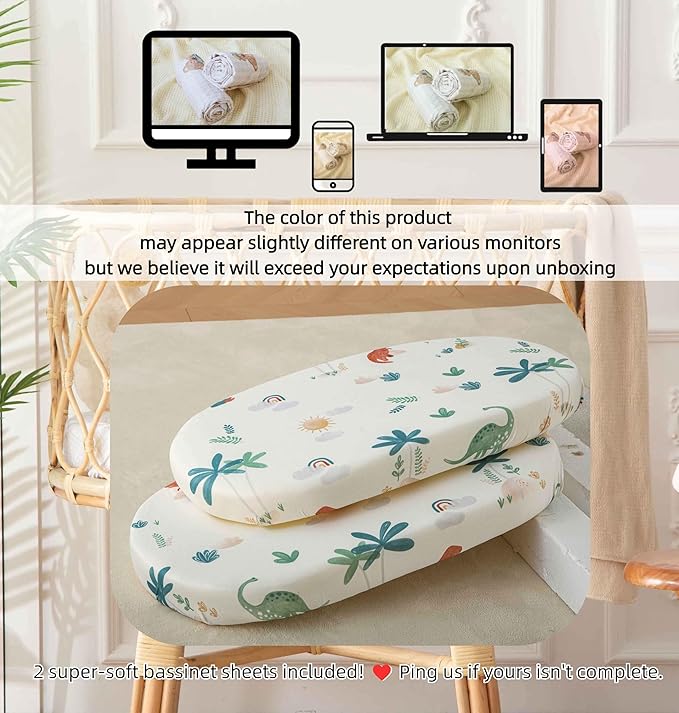 SDY Jersey Dinosaur Bassinet Sheets for Baby Boys and Girls,32 "x 16 "x 4", 2 Pack, Cute Kawaii Standard Oval/Retangle Fitted Bassinet Sheets for Toddler,Super Soft Breathable