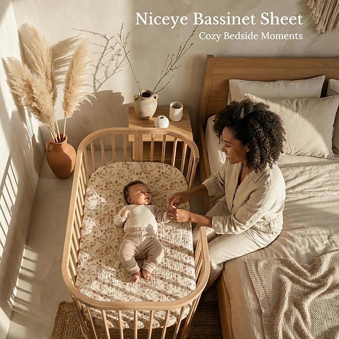 Niceye Muslin Baby Bassinet Sheets 3-Pack 100% Cotton (33" x 21") Bedside Sleeper Bassinet Fitted Sheets for Rectangle Mattresses, Unisex for Baby Girl/Boy (Khaki)