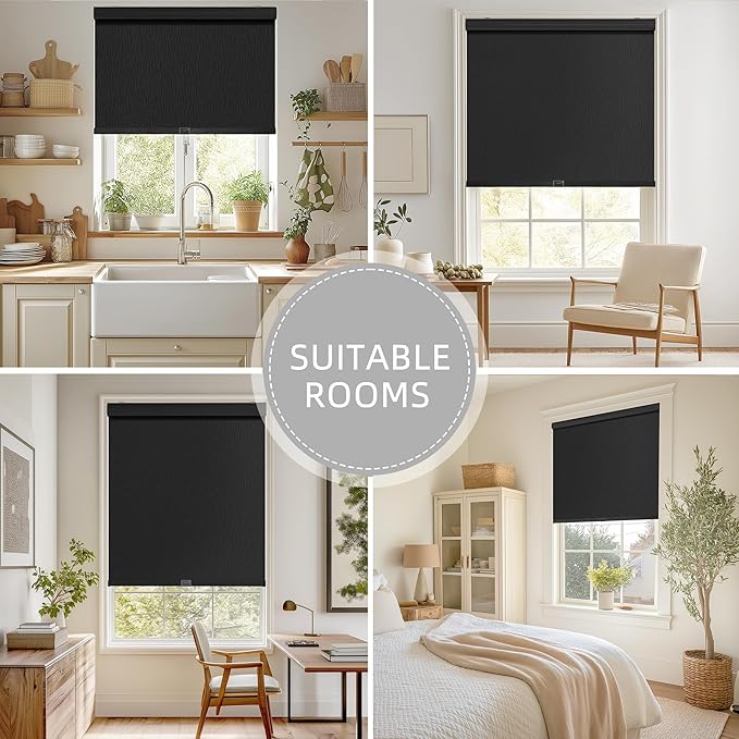 ChrisDowa Cordless Blackout Roller Shades for Windows, Striped Free-Stop Window Blinds with Privacy, Thermal Insulated Window Shades for Home, Office and Door. Black, 75" W x 72" H