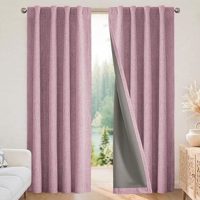 Joydeco Blackout Curtains for Bedroom - 100% Light Blocking 2 Panels Set Pink Drapes 42" W x 96" L, Thermal Insulated Room Darkening Curtains, Linen Textured for Living Room, Rod Pocket & Back Tabs