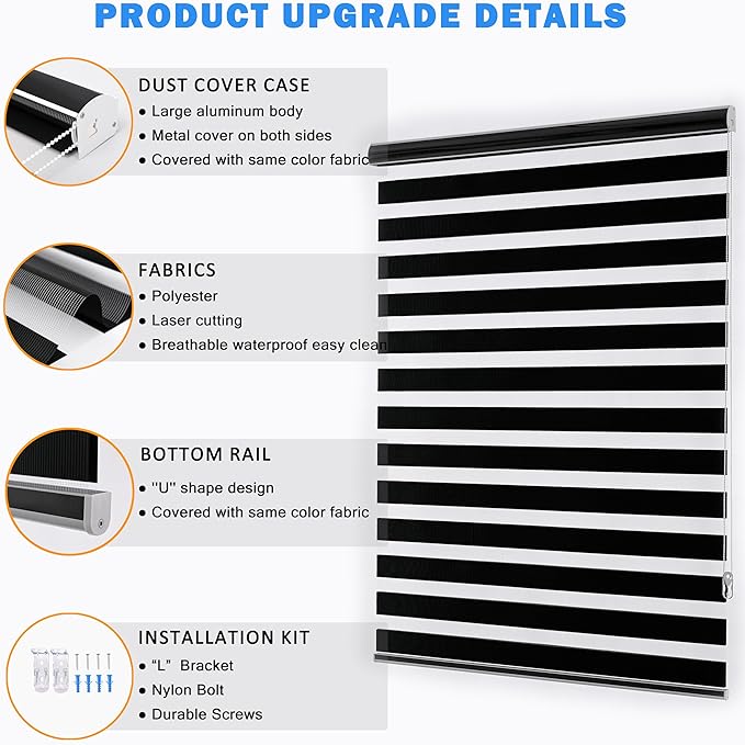Blackout Zebra Blinds, Dual Layer Free-Stop, Room Darkening Zebra Shades, Blinds for Indoor Windows, Light Filtering Privacy Sheer Shade for Home(72" W X 72" H, Black)
