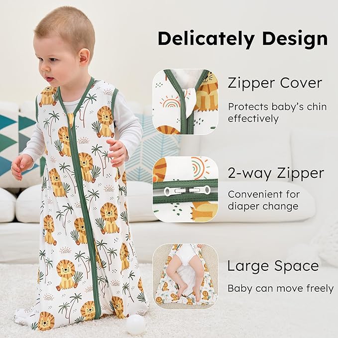 FIEMOL Baby Sleep Sack 6-12 months, 100% Cotton Sleep Sack for Newborn, Wearable Blanket Baby, 0.5 Tog Lightweight Double Zipper Sleeping Bag Lion 1 Pack