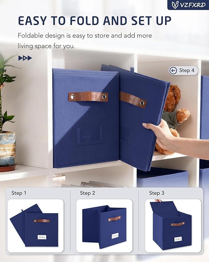 13 Inch Cube Storage Bin Fabric Basket with Handles and Labels, Cube Storage Organizer for Closet, Bedroom, Living Room (Blue,6 Pack)
