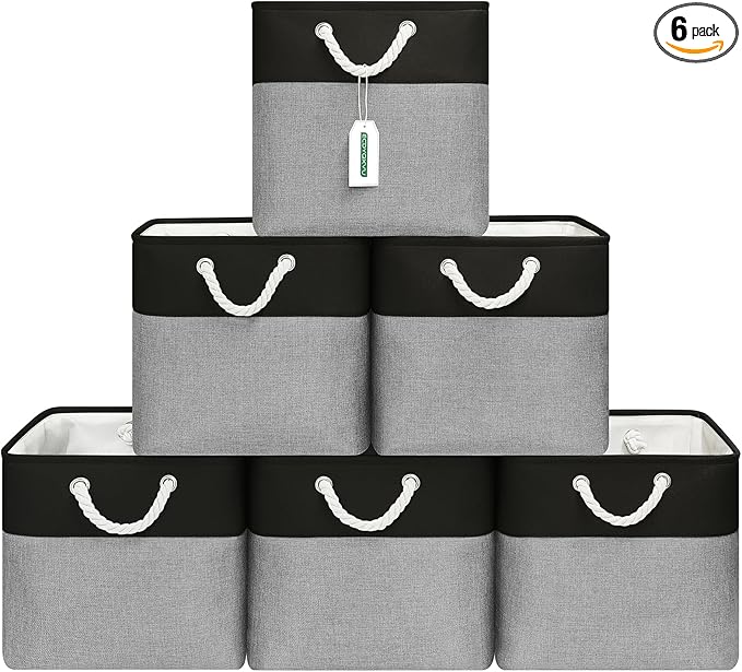 13x13 Inch Cube Storage Bins with Reinforced Bottom Cardboard, 6 Pack Large Foldable Fabric Storage Cubes with Handles for Shelf, Closet, Laundry Organization (Black&Gray)