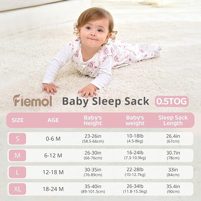 FIEMOL Baby Sleep Sack 0-6 Months, 0.5 TOG Wearable Blanket for Baby Boy and Girl, 2-Way Zipper Newborn and Infant Sleeping Bag 2 Pack, Lightweight Sleep Sacks Pink Rainbow（Small）