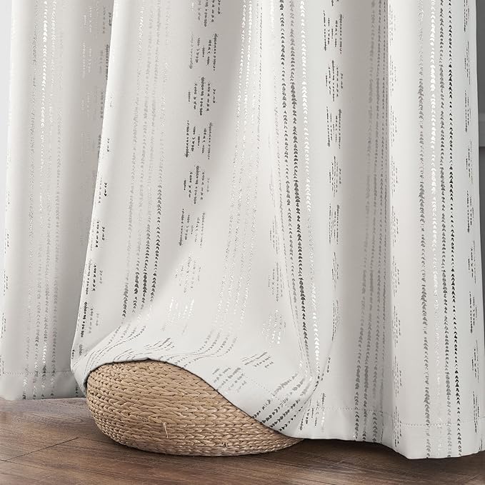 jinchan 95% Blackout Boho Curtains 96 Inches Long for Bedroom Living Room Silver Geometric Foil Printed Curtain Grommet Top Room Darkening Drapes Off White 52 x 96 2 Panels