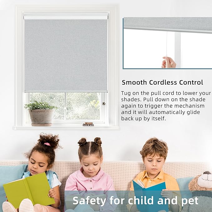 ChrisDowa Cordless 100% Blackout Roller Shade, with Striped Jacquard, Thermal Insulated, UV Protection Fabric, Total Blackout Blinds for Window, French Doors, Home and Office. Light Grey, 32"W X 72"H