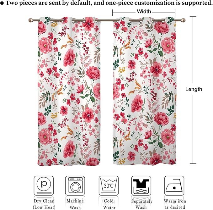 Renaiss Pink Rose Floral Curtains Red Peony Flowers Blackout Window Curtains for Bedroom Thermal Insulated Living Room Window Drapes 53W x 96L Inches 2 Panel Set, Grommet Top