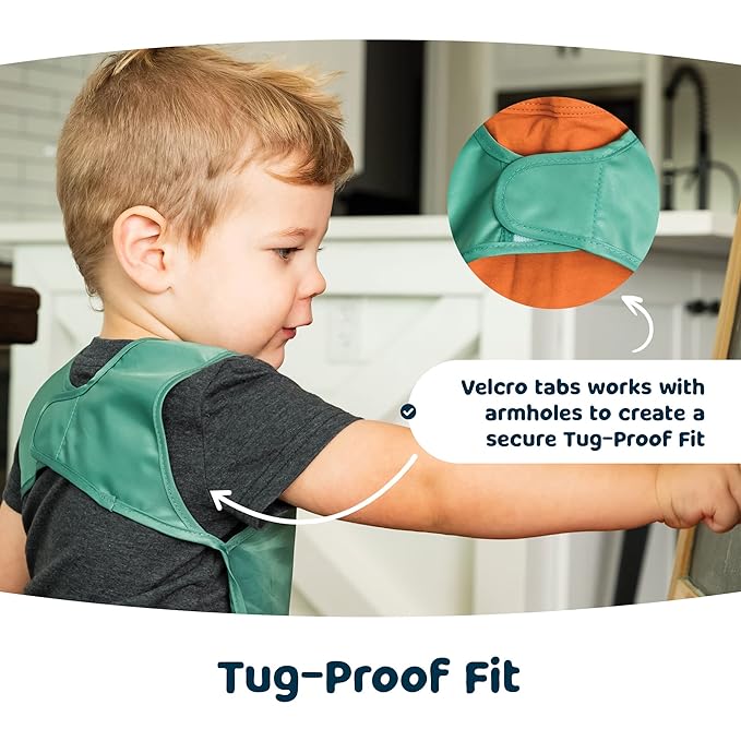 Tiny Twinkle Mess Proof Baby Bibs | 2 Pack Waterproof Toddler Bib for Eating | Baby Apron for Feeding, Machine Washable, Perfect Shower Gift (Sage Charcoal, 2-4Y)