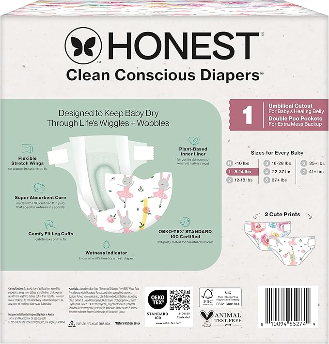 The Honest Company Comfort Dry Disposable Diapers for Sensitive Skin, Hypoallergenic, Rose Blossom + Tutu Cute, Club Box Size 1 (8–14 lbs), 78 Count
