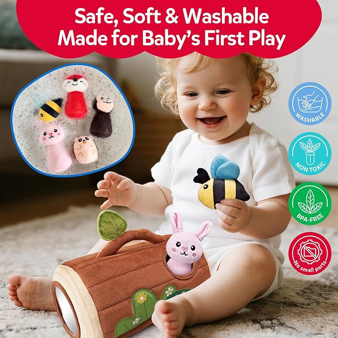 Baby Toys 6-12 Months - Soft Plush Jungle Stuffed Animal Sensory Set with Rattle, Squeaker & Mirror, Montessori Cause & Effect Toys, Newborn Gift for Baby Boys and Girls