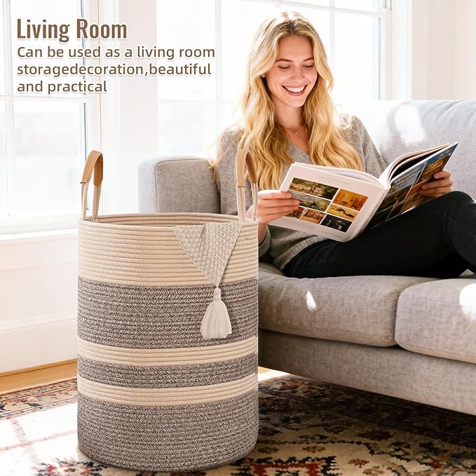 75L Striped Laundry Basket, Dark Brown Laundry Hamper with Leather Handles, Woven Cotton Rope Storage Bin for Blankets, Nursery Hamper for Clothes, Toys In Bathroom, Livingroom, Bedroom