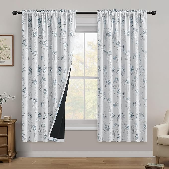 FMFUNCTEX 100% Blackout Floral Curtains 63 Inch Length for Bedroom, Blue and White Floral Drapes for Living Room, Farmhouse Rod Pocket Back Tab Room Darkening Thermal Insulated Window Drapes 2 Panels