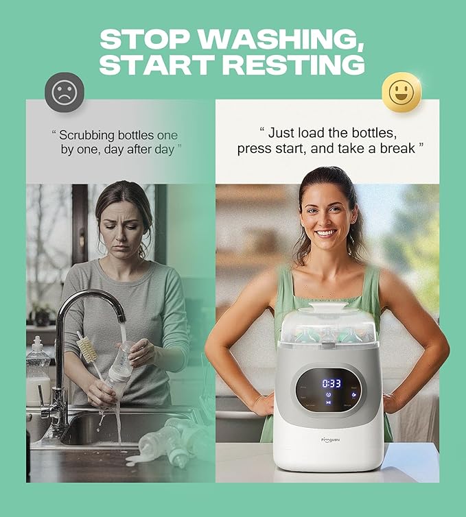 PINNGUSHI【Upgraded】Baby Bottle Washer Pro, Sterilizer, Dryer & Water-Filter, 5-in-One Cleaning Machine Fits 6 Bottles, Pump Parts & Baby Essential, No More Hand Washing for Busy Moms & Parents
