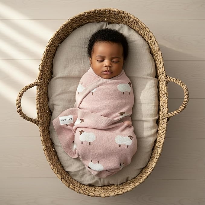 Luxury Knit Baby Receiving Blanket - 100% Cotton Soft Cozy Lightweight Receiving Swaddler Blanket for Shower Gift Registry for Newborns Infants Toddlers (Sheep - Light Pink)
