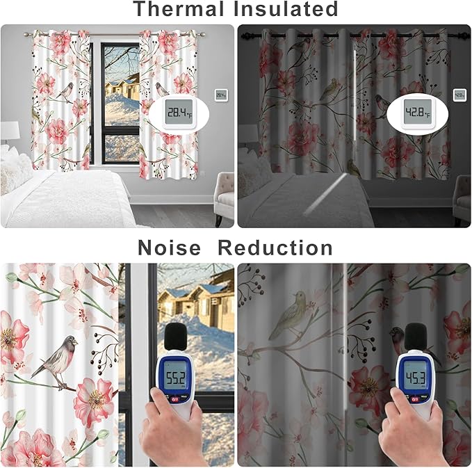Birds and Pink Floral Soundproof Blackout Curtains for Girls Room and Nursery, Blackout Curtains for Bedroom 63 Inches Long, Light Filtering Thermal Insulated Black Out Privacy Curtains 2 Panels Set