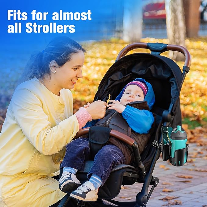 Stroller Cup Holder with Phone Holder, 2-in-1 Universal Cup Holder for Walker, Wheelchair, Bike, Scooter, Fits Most Cup, Black