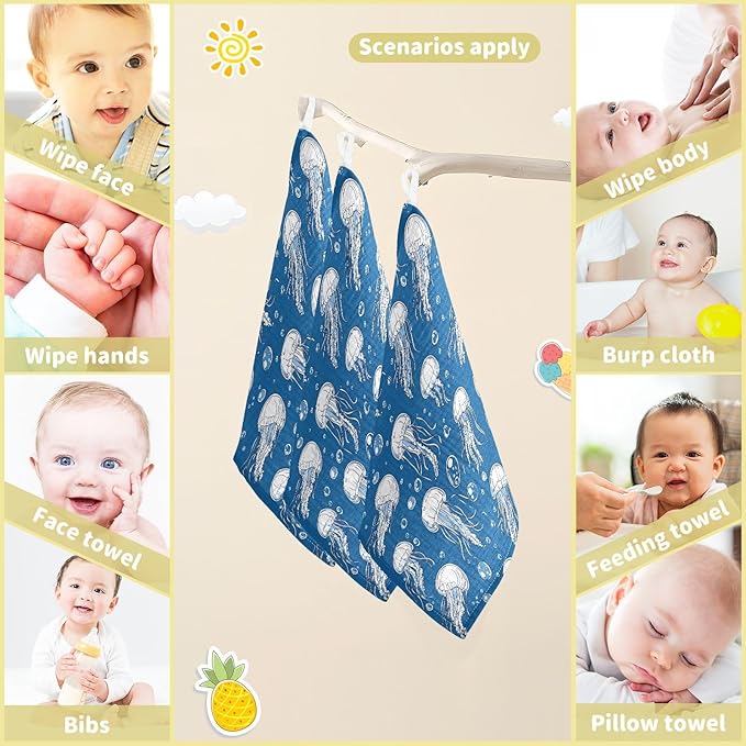 vvfelixl Baby Muslin Washcloths Jellyfish Bubbles Baby Burp Cloths Cotton Babys Face Towel for Newborn Infants Boys Girls Soft and Absorbent 11.8 X 11.8 in, 3 Pack