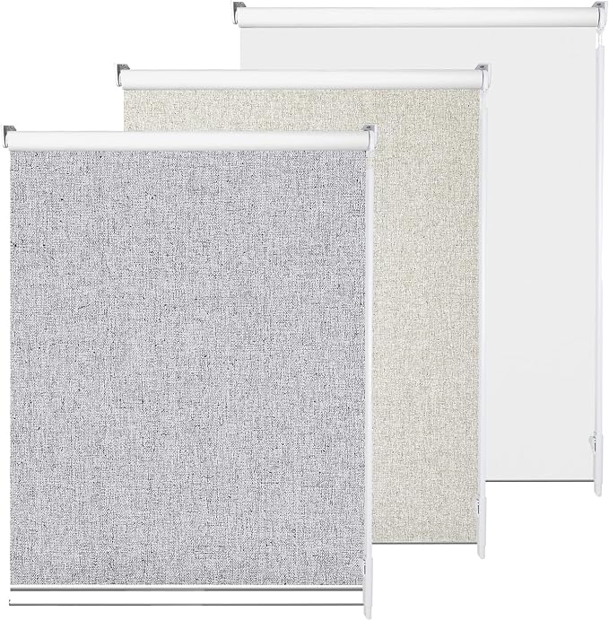 Allbright Linen Roller Shades with Wand Rod, Cordless Fabric Roller Blinds with Thermal Insulated, 100% Blackout Window Shades for Home, Office, Bedroom, Grey, 26" W x 72" H