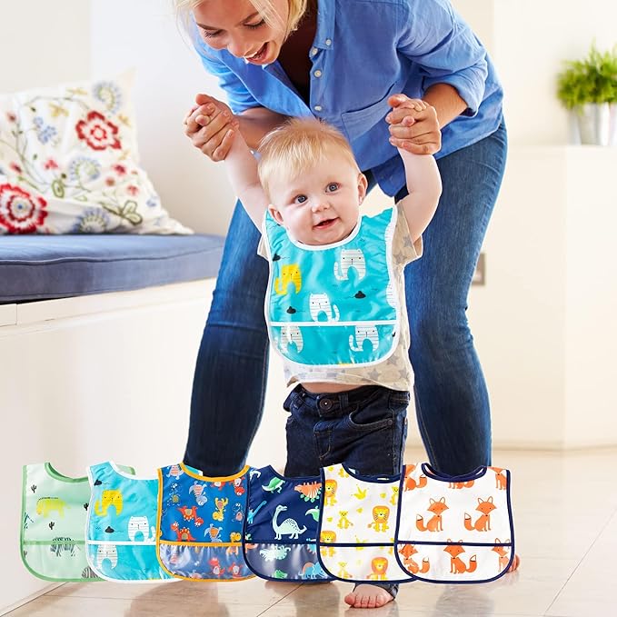 2ooya 6Pcs Waterproof Toddler Bibs Baby Feeding Bib Set with Crumb Catcher Pocket Infant Adjustable Baby Teething Bib Babies Sleeveless Animals Food Bibs Keepsake Gift for Baby Shower, 6-24 Months