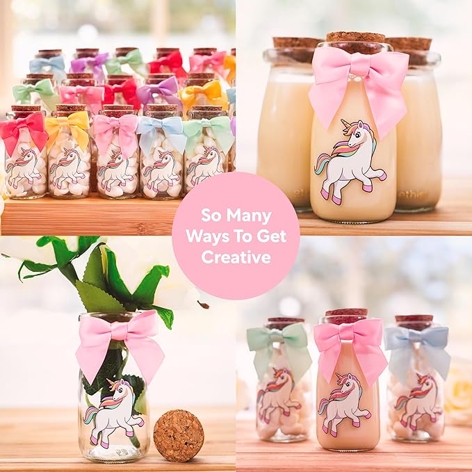 Ethisa 12 Pack Unicorn Party Favor Glass Bottles with Pastel Ribbons - Vintage Birthday Unicorn Party Favors for Girls and Table Centerpieces Decorations - Sturdy Rainbow Theme Candy Jar