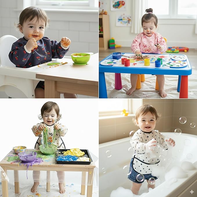 Plie Long Sleeve Waterproof Bib for Toddlers – Soft Feeding Smock for Baby Mealtime, Self-Feeding, BPA-Free, Easy Clean