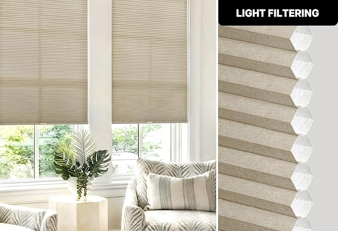 LazBlinds Cordless Cellular Shades, No Tools No Drill Light Filtering Honeycomb Shades Pleated Blinds for Windows, 37'' W x 48'' H, Taupe