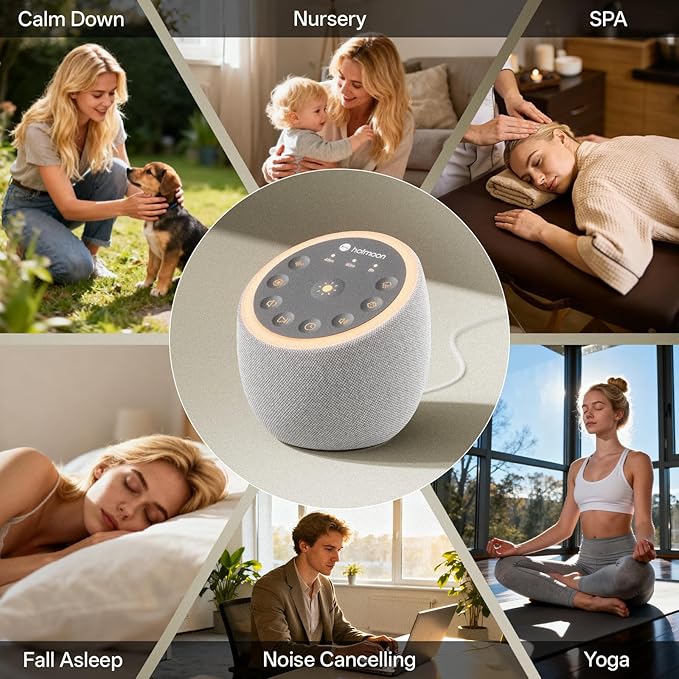 Hotmoon Sound Machine for Sleep, Cocoon 2 White Noise Sound Machine with 40 Non-Looping Sounds, Dual-Speaker & Timer, 8 Night Light, Pink Brown Green Noise for Sleeping Adults, Office Privacy, Plug-in