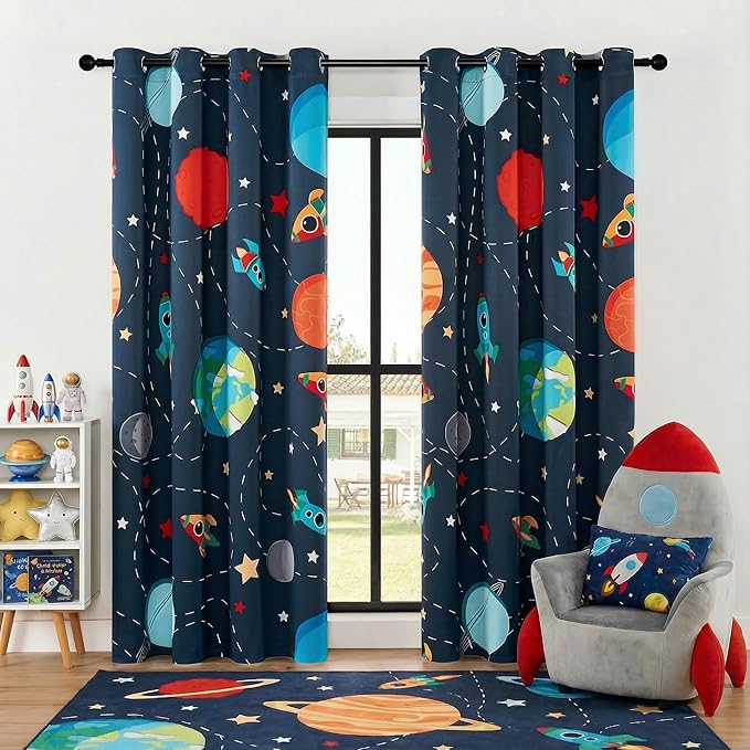 Kids Space Themed Blackout Curtains - 100% Blackout Perfect for Kids Room, Spark Kids Imagination with Vibrant Cosmos Designs, Noise Reduction, Thermal Insulated, (2 Panels W52×L84)