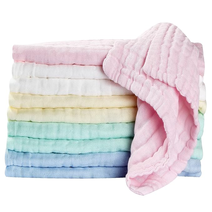 Soft Newborn Essentials - Muslin Washcloths & Towels for Sensitive Skin - 10 Pack, 10x10 Inches - Baby Register Shower Gift