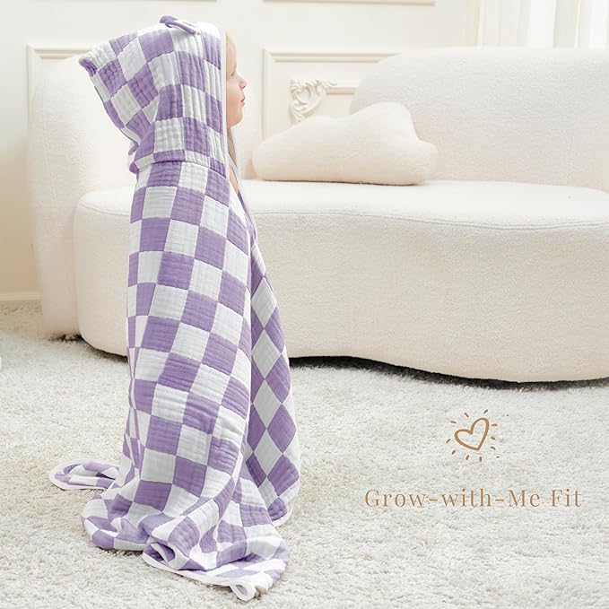 Ultra-Soft Muslin Toddler Hooded Towel - 55 x 28 Inches, Ideal for Bath & Beach, Suitable for Both Boys & Girls from Newborns to Toddlers（Lavender Check）