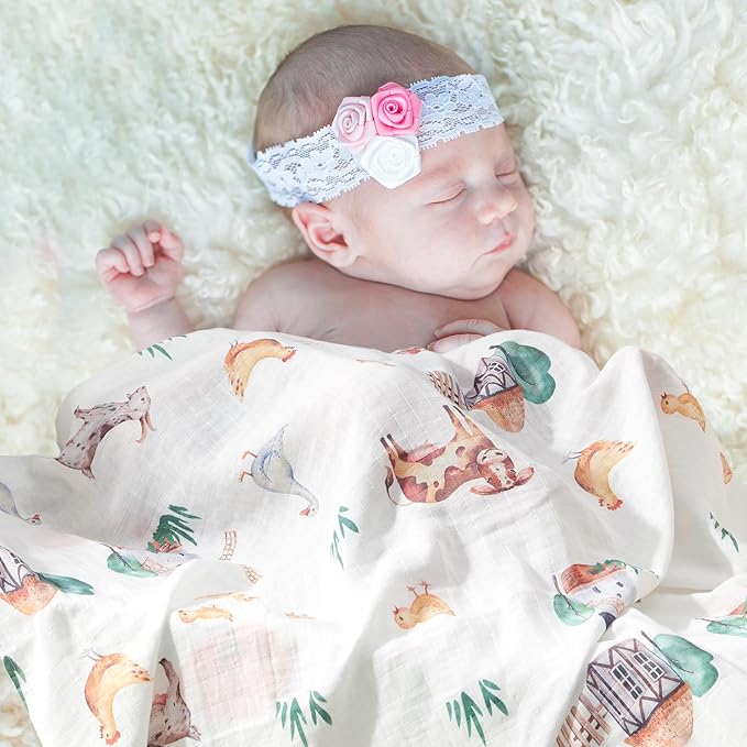 70% Rayon Made from Bamboo 30% Cotton Muslin Swaddle Blanket, 47 x 47 Inches, Farm Theme Baby Receiving Blanket, Soft and Breathable, Unisex, 4 Pack