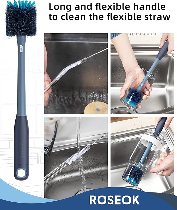 ROSEOK 2in1 Bottle Scrubbing Brush with Straw Brush has Long and Comfortable Handle, Cleaning Glass, Sports Bottle, Coffee Mug,1 Pack, Grayish Blue