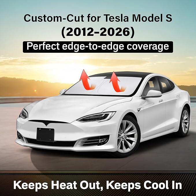 EcoNour Custom Windshield Sun Shade for Tesla Model S 2012–2026 | Premium Sedan Front Window Heat & UV Shield | Foldable Multi-Layer Sun Cover
